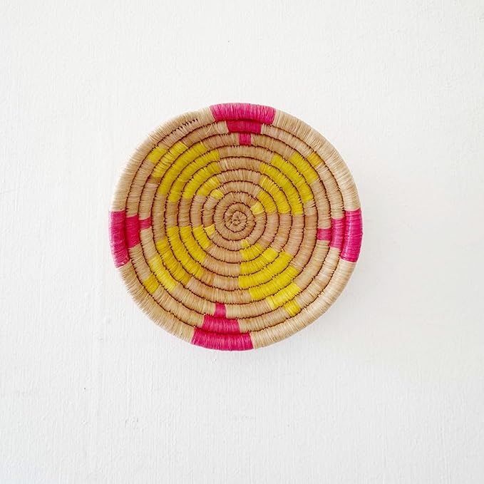 Mini African Basket- Abaye/Rwanda Basket/Raffia & Sweetgrass Woven Basket/Pink, Yellow