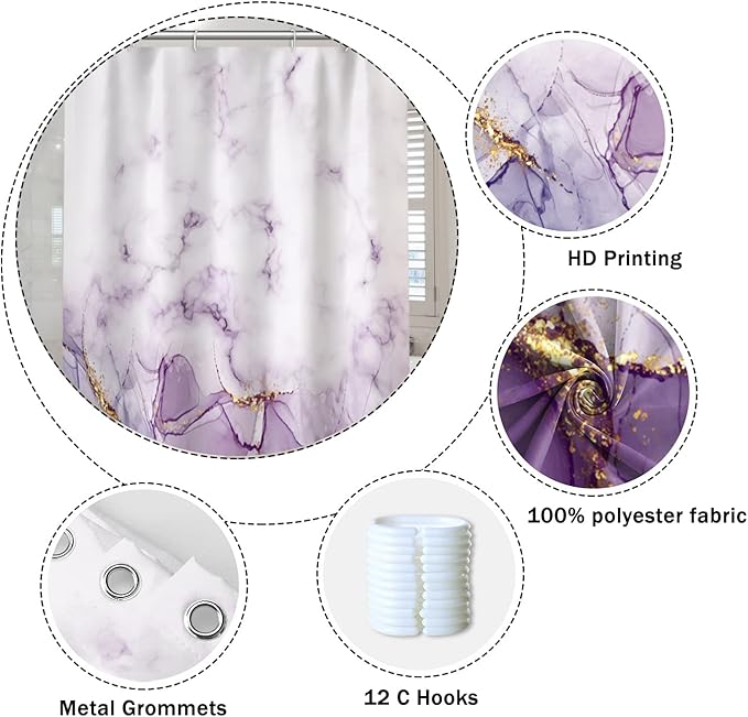 Abstract Marble Bathroom Shower Curtain Purple Gradient Watercolor Waterproof Polyester Shower Curtains Modern Luxury Artistic Aesthetic Shower Curtain with Hooks Decorative, 60x72 Inch