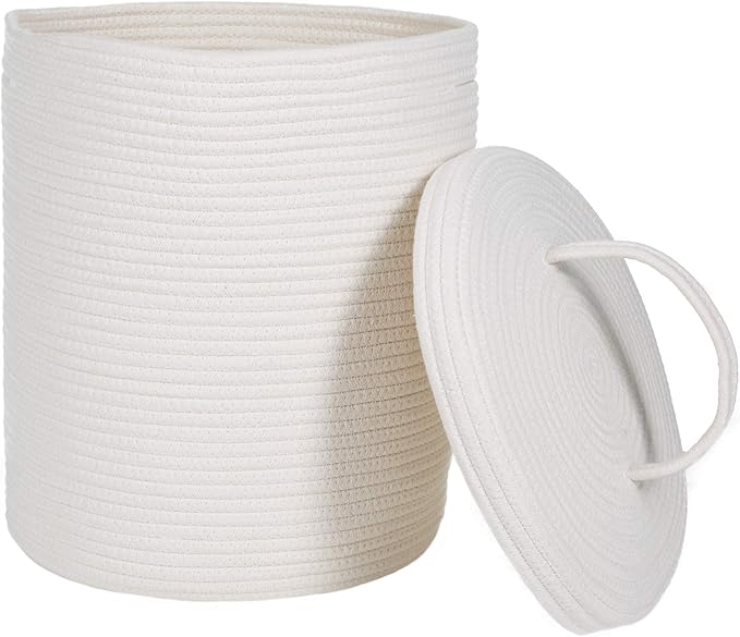 Cotton Rope Storage Basket with Lid | Large Woven Baskets and Handles 15" x 13" | for Nursery, Laundry, White Round Hamper, Home Living Room Floor, Toy Organizing bins, Blanket, Pillow and Big