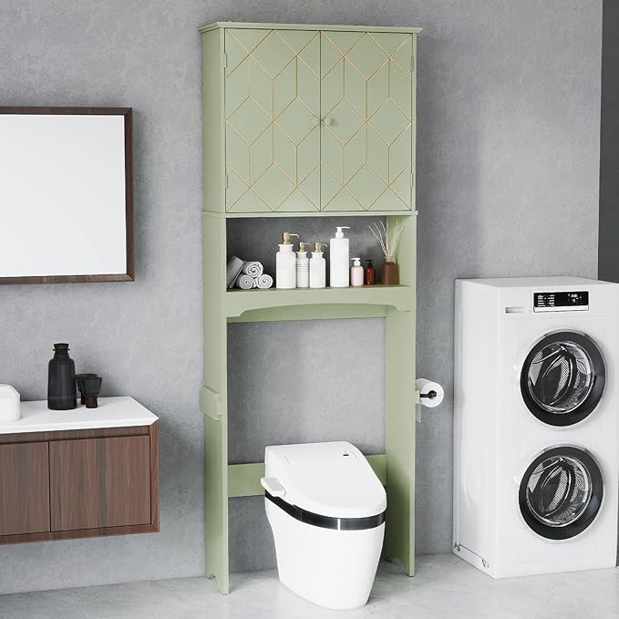 HLR Over The Toilet Storage Cabinet with Gold Trim, Over Toilet Bathroom Organizer with Adjustable Shelves and Toilet Paper Holder, Above Toilet Storage Cabinet Spacesaver for Bathroom (Green)