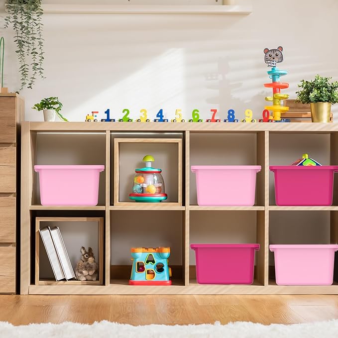 Zonon 12 Pcs Plastic Cubby Bins Office Storage Container Storage Bins Plastic Organization with 1 Pack Self Adhesive Label for Library Office Home Nursery(Pink/magenta)