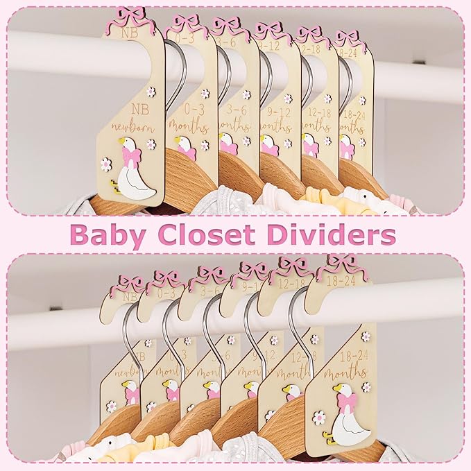 7Pcs Goose Wood Baby Closet Size Dividers with Storage Bag Pink Bow Goose Hanging Closet Organizer Newborn to 24 Month Infant Wardrobe Organizer for Home Nursery