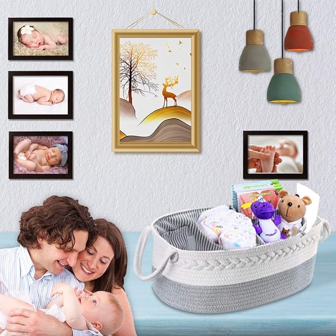 Baby Diaper Caddy Organizer - Extra Large Nappy Caddy Rope Nursery Storage Bin - Baby Basket with 8 Pockets, 5 Compartments and 2 Removable Dividers