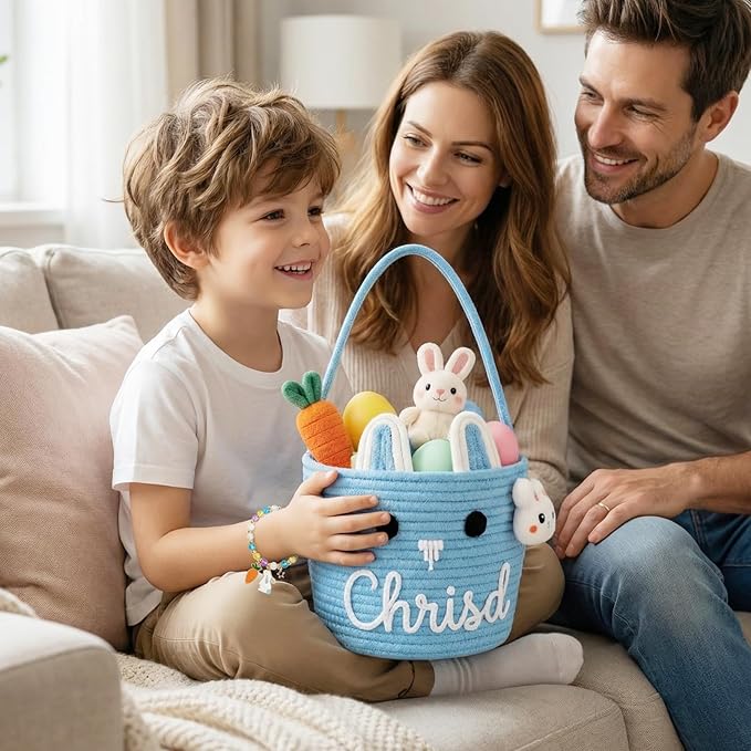 Personalized Easter Baskets for Boys Girls with Bunny Bracelet, Cute Bunny Custom Easter Basket for Baby Boy Girl with Colorful Rope Embroidered Name for Egg Hunts (Cute Bunny Emoji)