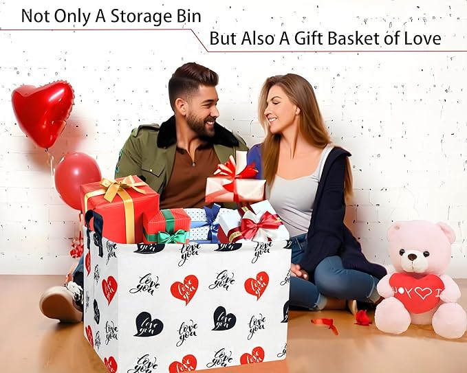 Large Valentine's Day Basket Heart Shaped Storage Bin for Gifts Collapsible Organizer Room Decor (Red Black Love You)