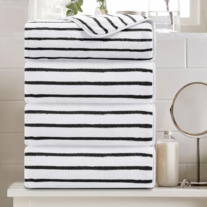 4 Pcs Black White Cabana Stripe Large Bath Towels 35"x70" Oversized Bath Sheet Soft Breathable Jumbo Bathroom Towels Highly Absorbent Shower Towels Quick Dry Beach Chair Towel Spa Gym Hotel Towel Set