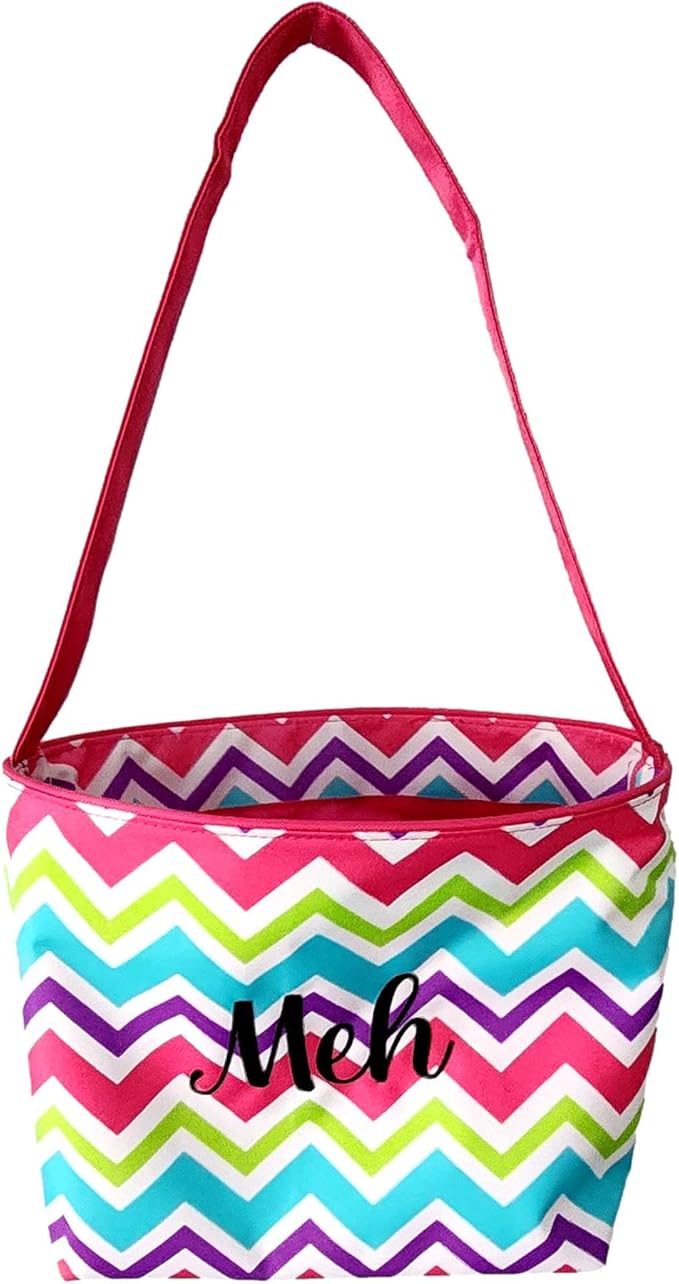 ZIg Zag Chevron Material Easter Basket Bucket for Toys Egg Hunting Party (Pink Chevron with Embroidered Name)