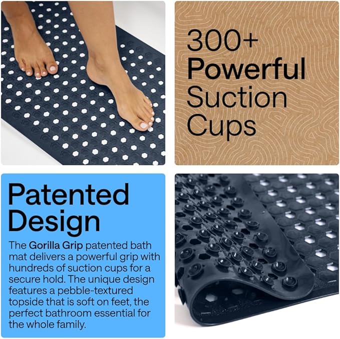 GORILLA GRIP Patented Bath Tub Shower Mat, Machine Washable Bathtub Floor Liner Mats, Suction Cups and Drain Holes to Keep Tubs Clean, Soft on Feet, Bathroom Essentials, 35x16 Inch, Navy Opaque