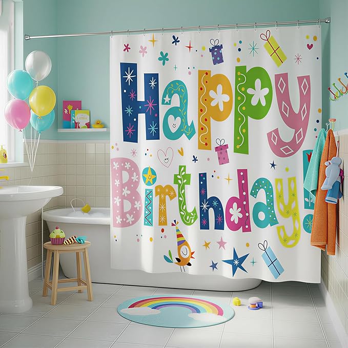 Happy Birthday Shower Curtain Kids Birthday Party Rainbow Shower Curtains for Bathroom Waterproof Polyester Fabric Bathroom Curtain 72 x 72 Inch with 12 Plastic Hooks