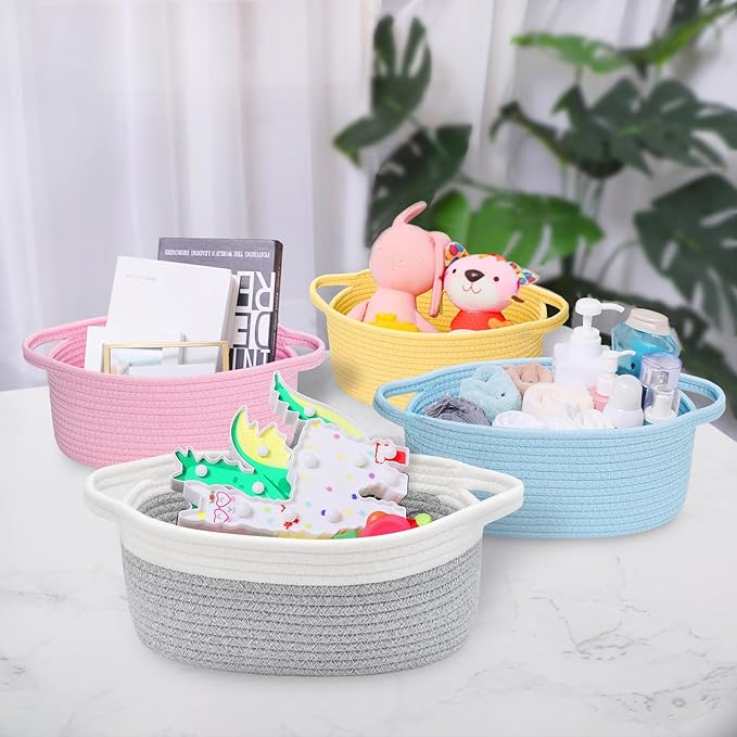 ABenkle Small Basket with Handles, Boho Decorative Rope Woven Dog Cat Toy Storage Bin Shelf Storage Organizer, Easter Christmas Gift Basket, 12"x8"x5"