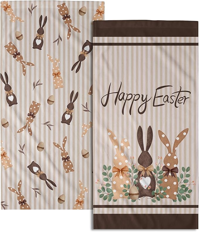 Happy Easter Bunny Hand Towels for Bathroom 2 Packs 14"x28" Polka Dot Rabbits Eggs Green Eucalyptus Decorative Kitchen Towel Brown Stripe Super Soft Drying Finger Towel for Home Hotel Gym