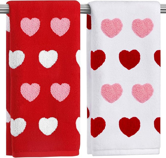 2 Pack Valentine's Day Hand Towels Red White Pink Heart 3D Embroidered Farmhouse Bathroom Decorative Towels Set for Drying, Cleaning, Cooking, Holiday 13.7'' x 29.5''