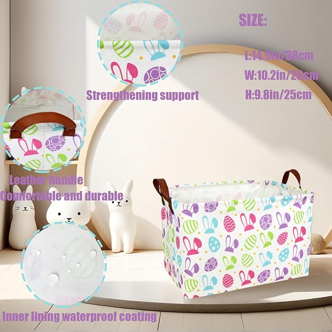 Large Rectangular Cute Kid Easter Basket Empty Bunny Eggs Easter Basket Gift Spring Room Storage Organizer Décor (Long Eared Rabbit Easter Egg)