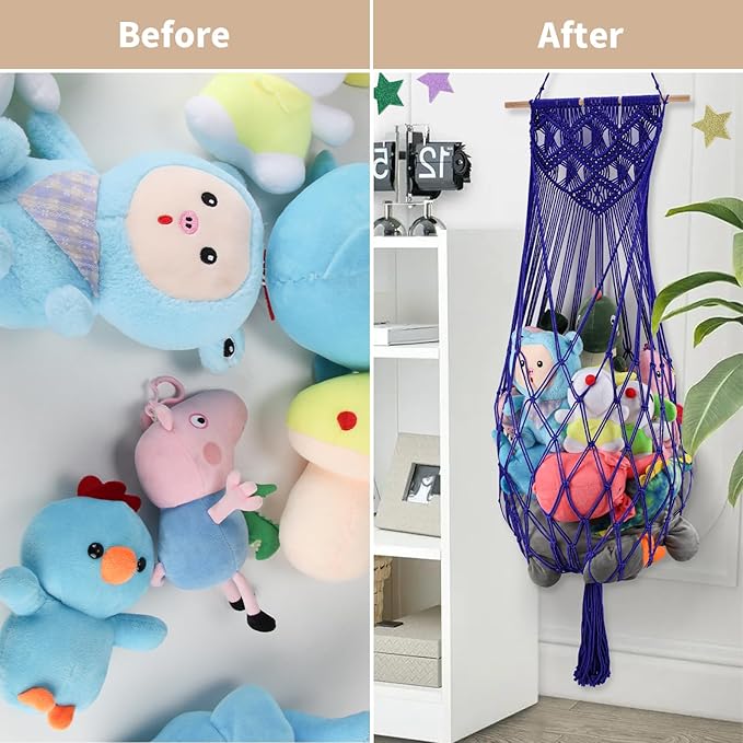Stuffed Animal Hammock w/LED Star Light, 63 Inch Jumbo Toy Hammock Wall Hanging Plushie Net Holder for Boho Nursery Teddy Decor, Navy Blue Stuffed Animal Storage Organizer for Kid Girls Boys Gift