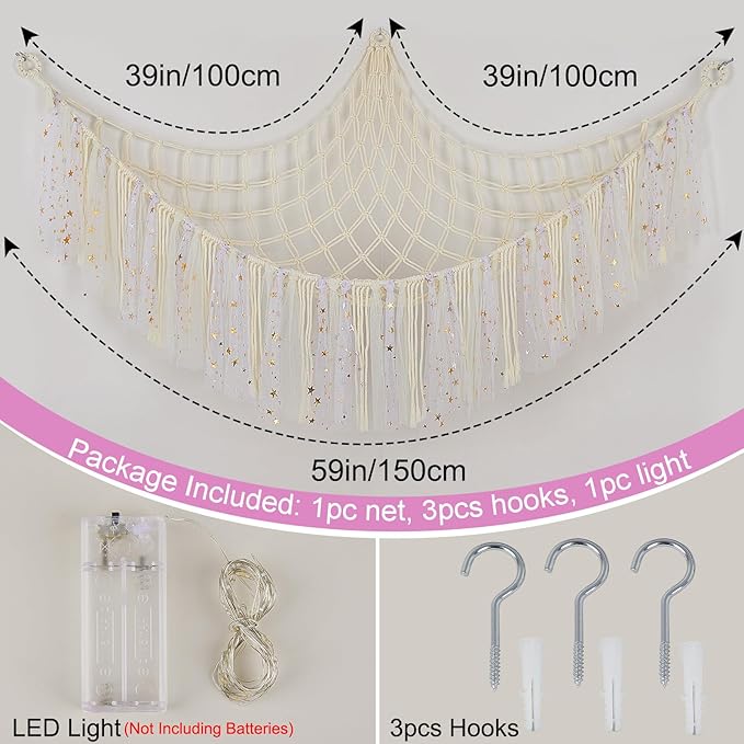 FIOBEE Stuffed Animals Net or Hammock with LED Light, Toy Hammock Hanging Stuffed Animals Storage Organizer Holder Room Décor for Nursery Kids Bedroom