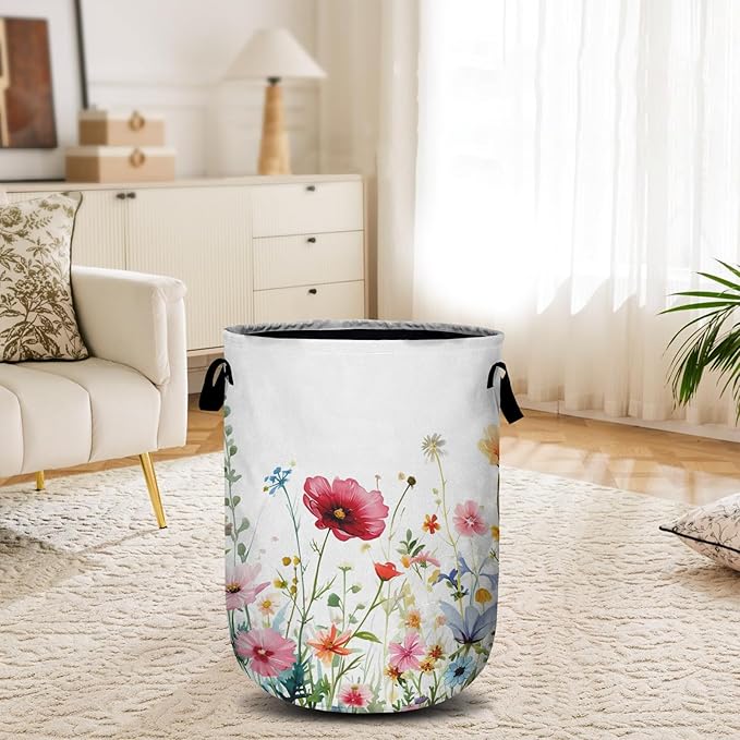 Watercolor Wildflowers Laundry Basket, Floral Laundry Hamper Collapsible Oxford Cloth with Handle Clothes Toy Storage Bin for Bathroom Laundry Room Bedroom 15.7 X 20 Inch