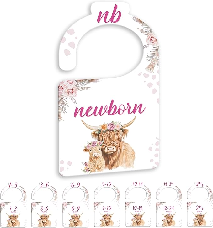 JMOST Hightland Cow Baby Closet Dividers for Nursery Closet Organizer, Newborn to 24 Months Size Clothes, Boho Hangers with Size Dividers, Double Sided