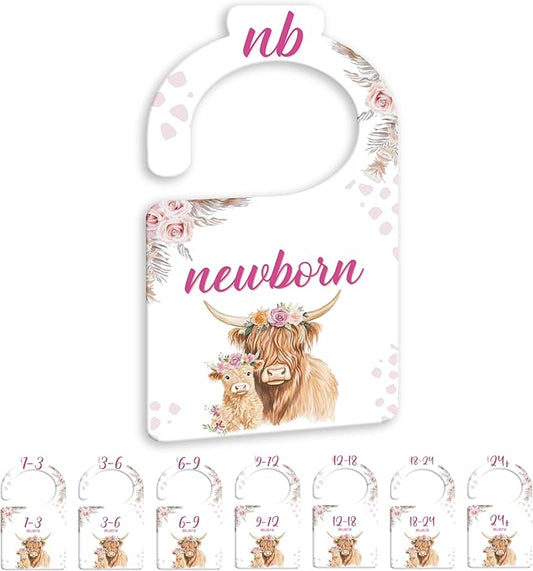 JMOST Hightland Cow Baby Closet Dividers for Nursery Closet Organizer, Newborn to 24 Months Size Clothes, Boho Hangers with Size Dividers, Double Sided