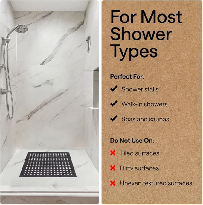 GORILLA GRIP Patented Square Shower Stall Mat, Small Bathtub Floor Mats for Stand Up Showers, Suction Cups and Drain Holes, Machine Wash, Soft on Feet, Bathroom Accessories 21x21 Inch, Charcoal Opaque
