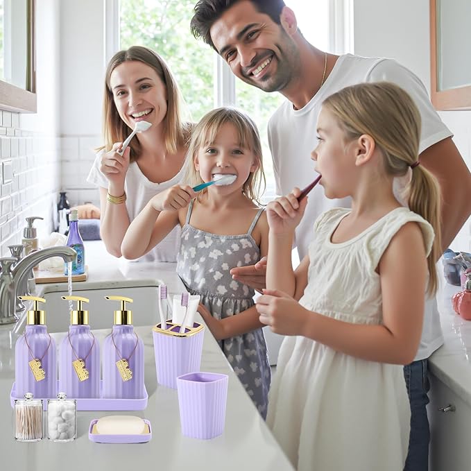 32PCS Bathroom Sets with Shower Curtain and Rugs-Purple Bathroom Accessories,Non Slip Bathroom Rugs Set with Toilet Lid Cover, Waterproof Shower Curtain, 3PC Soap Dispenser with Trash Can