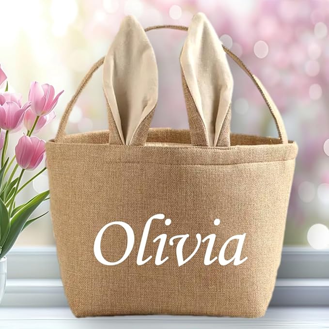 Personalized Easter Basket for Kids - For Boys - For Girls - Easter Bunny Basket with Custom Embroidered Name - For Egg Hunt Fillable Candy Gift - Burlap