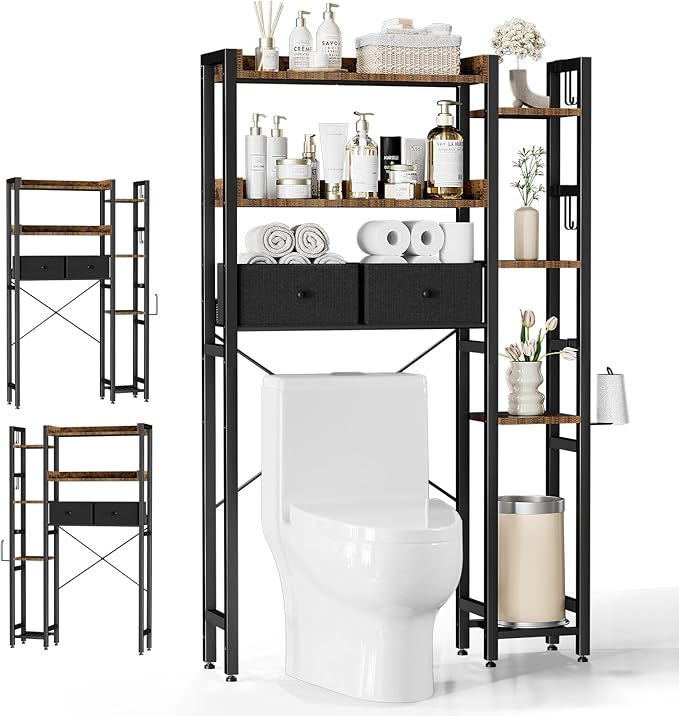 Housolution Over The Toilet Storage with 2 Drawers, 7 Tier Over Toilet Bathroom Organizer with Height Adjustable Shelves and Hooks, Space Saver Above Toilet, Black+Brown