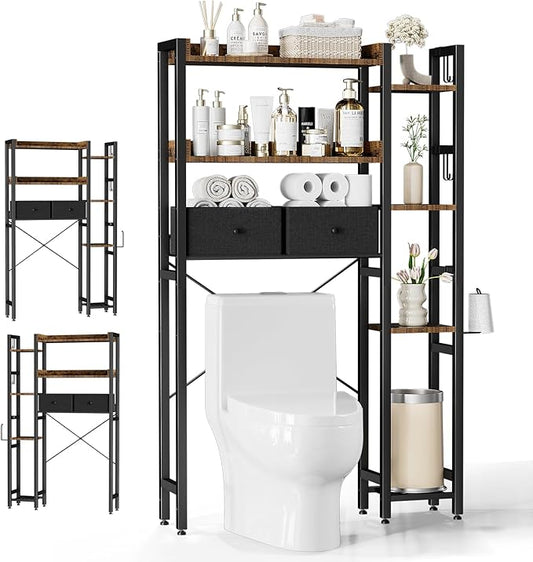 Housolution Over The Toilet Storage with 2 Drawers, 7 Tier Over Toilet Bathroom Organizer with Height Adjustable Shelves and Hooks, Space Saver Above Toilet, Black+Brown