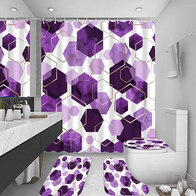 4Pcs Pinkish Purple Shower Curtain Set Marble Grain Geometric Bathroom Set Abstract Bathroom Curtain Set with 12 Hooks Carpet Bath Mat and Toilet Rugs