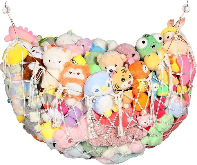 Yecaye 60 IN Stuffed Animal Net Hammock Large, Hanging Stuffed Animal Storage with Handmade Macrame Tassels, Net for Stuffed Animals Corner Large for Nursery Living Room Wall Decoration, Cream White