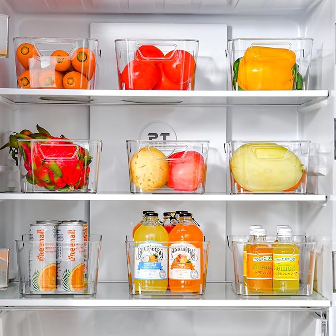 12 Pack Clear Plastic Storage Bins, Pantry Organizers and Storage, Clear Pantry Organizer Bins, Plastic Containers with Handle for Kitchen,Freezer,Cabinet,Closet,Bathroom Under Sink Storage