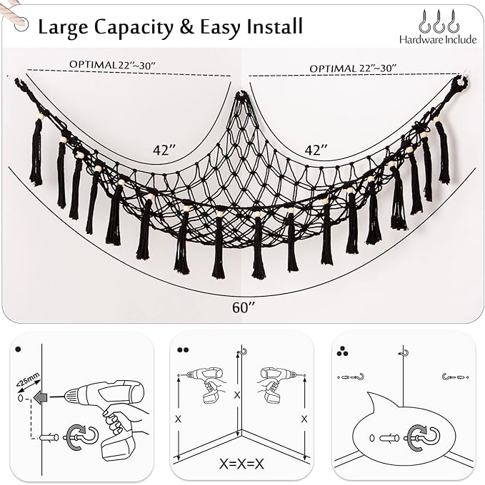 Stuffed Animal Toy Hammock Hanging- Macrame Toy Hammock with Tassels-Stuff Animals Organizer Storage Boho Large Corner Plush Toys Net Holder for Nursery, Play Room, Kids Bedroom (Black)