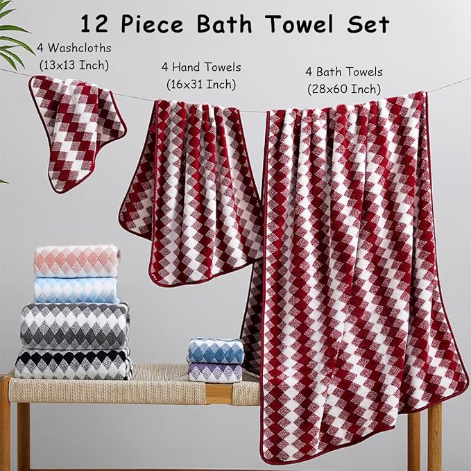 12 Pcs Burgundy Diamond Towel Set-4 Bath Towels,4 Hand Towels,4 Washcloths Soft Polyester Towels with Loop Absorbent Shower Towel Quick Dry Beach Chair Towel Family Towels for Bathroom Spa Gym Pool