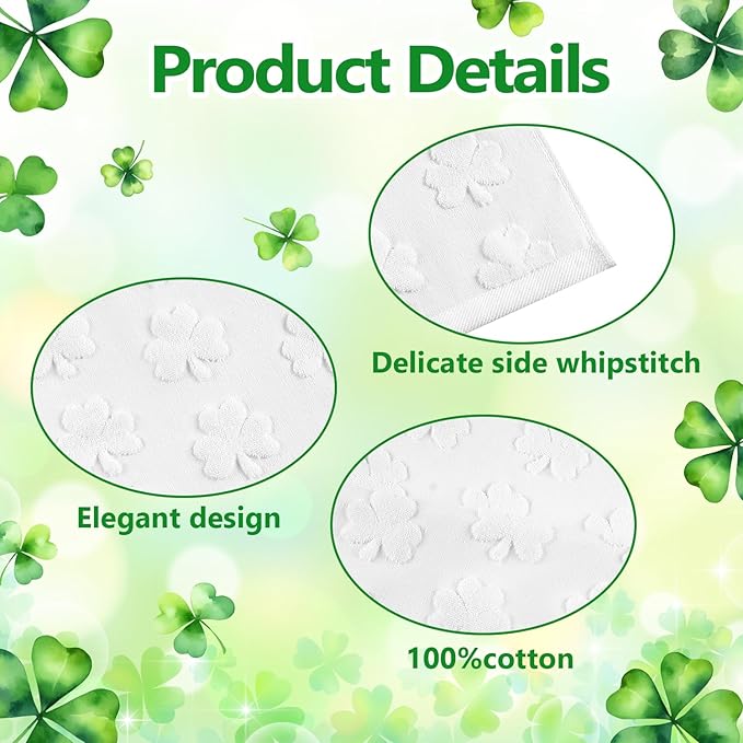 2 Pack St. Patrick's Day Hand Towels Kitchen Dish Towels White Clover Shamrocks 100% Cotton Soft Absorbent Decorative Bathroom Towels Set for Drying, Cleaning, Cooking, 13.7'' x 29.5''