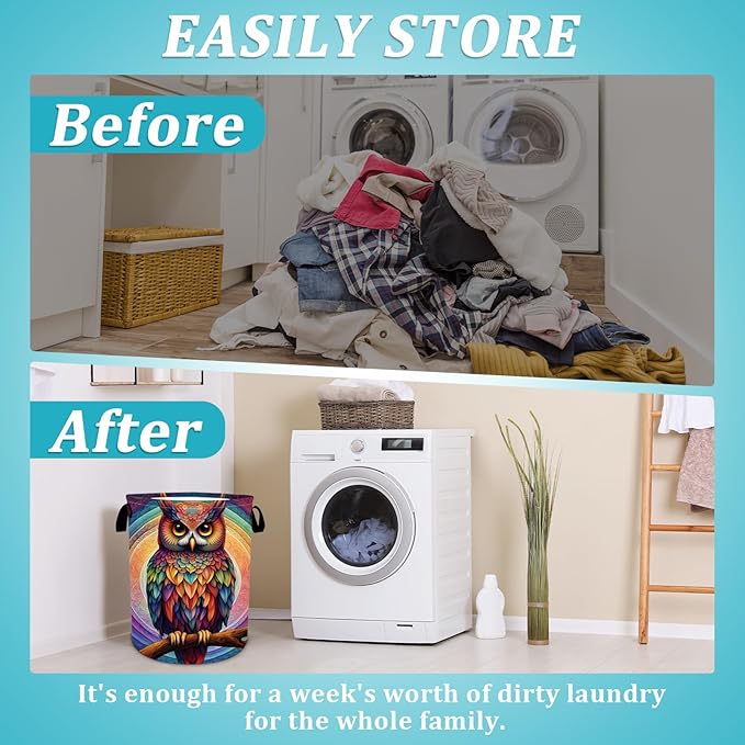 Owl Laundry Basket, Foldable Waterproof Oxford Cloth Mandala Laundry Hamper Funny Tote Bag Dirty Clothes Storage Bucket Toy Organizer for Bathroom/Laundry/Bedroom 15.7"x19.6"