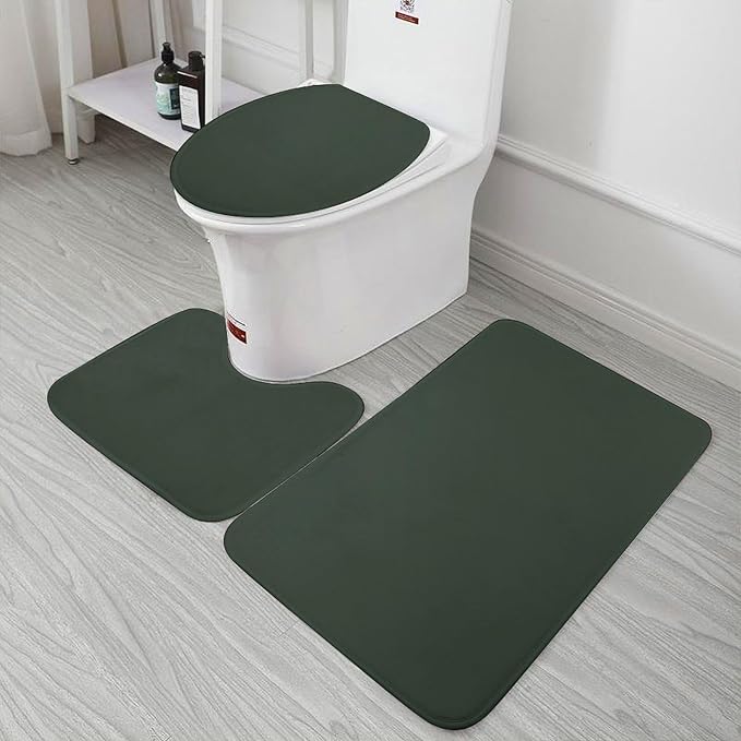 3 Pieces Bath Rug Sets, Forest Green Trend Color Bathroom Mat Set Non Slip U Shaped Contour Rug & Toilet Lid Cover