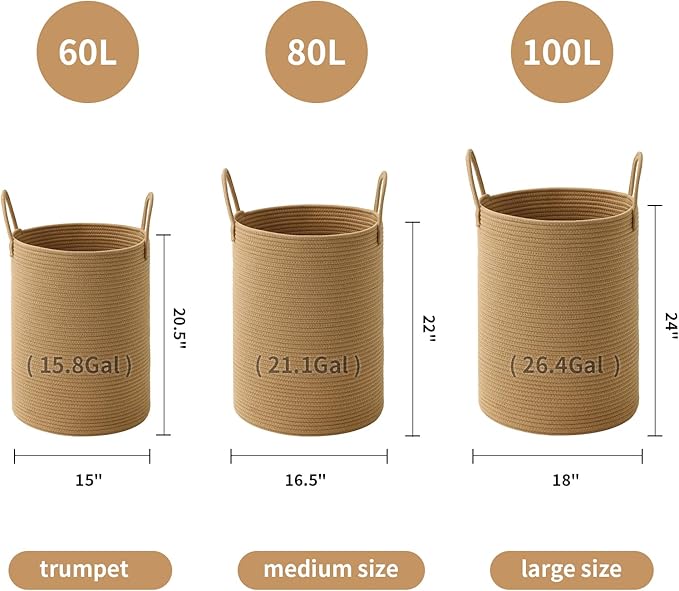 Woven Laundry Hamper Tall Rope Storage Basket for Blanket toys Dirty Clothes in Living Room Bathroom Bedroom (Jute Brown, 100L/26.4Gal)