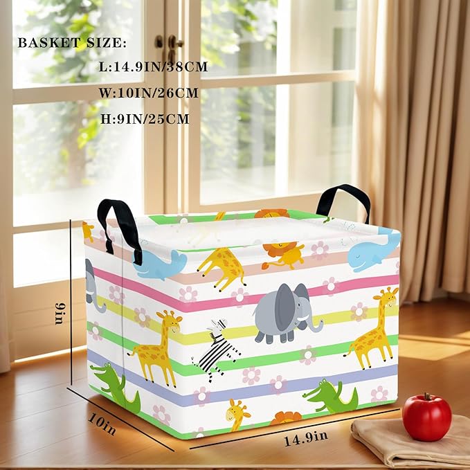 Cute Rectangle Woodland Animal Baby Girl Basket Nursery Playroom Bedroom Decor Clothes Toy Basket (Colorful Animals)
