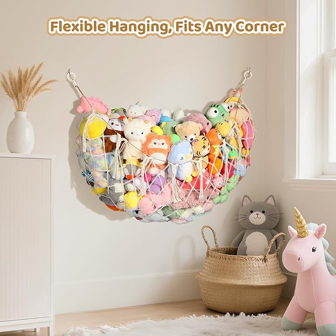 Yecaye 60 IN Stuffed Animal Net Hammock Large, Hanging Stuffed Animal Storage with Handmade Macrame Tassels, Net for Stuffed Animals Corner Large for Nursery Living Room Wall Decoration, Cream White