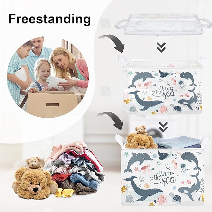 Sea Animals Laundry Hamper Ocean Fish Coral Large Storage Basket Parents Organizer Kids Clothes Toy Bins for Bedroom, Bathroom, Blue Dolphins, 36L