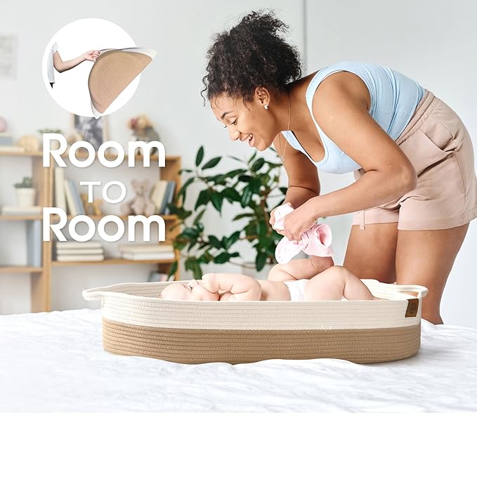 Baby Changing Basket Includes Diaper Caddy - Soft & Waterproof Dual-Cover, Portable, Changing Pad for Dresser & Changing Table, Gift for Baby Shower, Organic Cotton Rope