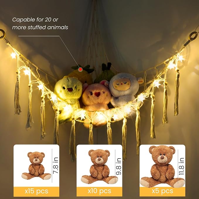Stuffed Animal Hammock with 13LEDs Star Lights, 47in Toy Storage Macrame Hammock, Hanging Toy Net for Kids Bedroom Doll Room Corner Organizer, Battery Powered Toy Hammocks with Remote(Star, Large)