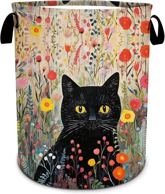 Black Cat Laundry Basket, Flower Floral Laundry Hamper Foldable Waterproof Tote Bag Dirty Clothes Storage Bucket Toy Organizer for Bathroom/Laundry/Bedroom 15.7"x19.6"