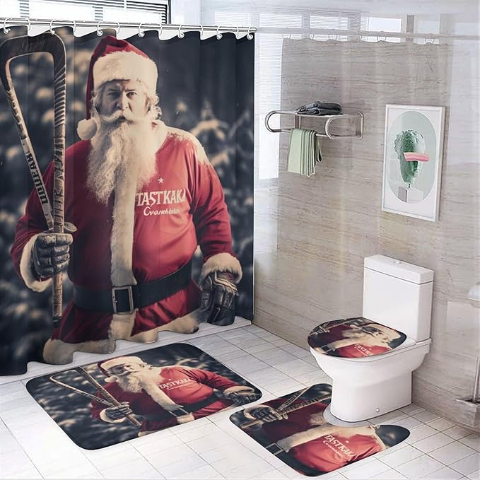 4 Pcs Shower Curtain Sets with Rugs Include Waterproof Shower Curtain Non-Slip Rug Toilet Lid Cover Bath Mat Santa Claus Playing Hockey Ice Skate Sport Waterproof Shower Curtain Sports Fan