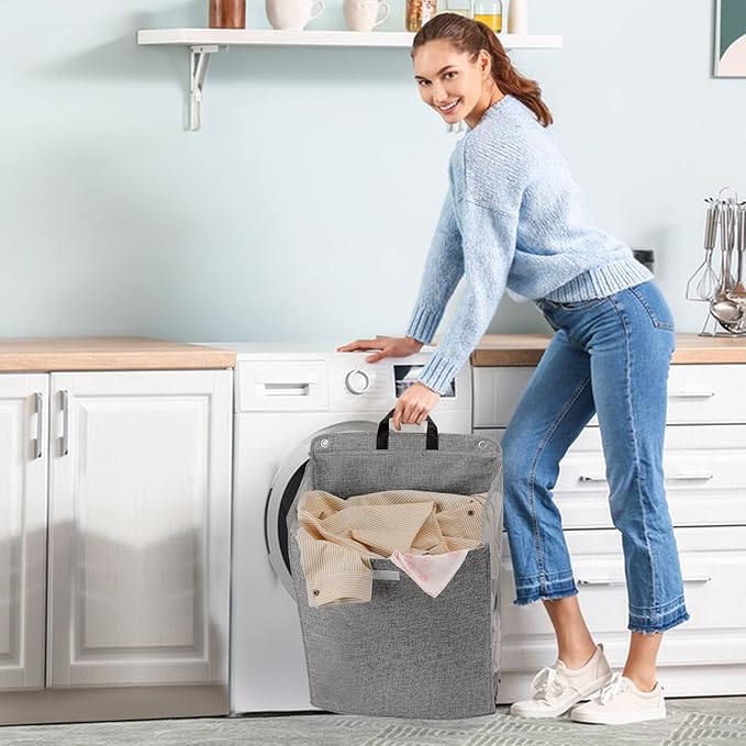 Wall Hanging Laundry Basket, Collapsible Laundry Hamper with Handle & Laundry Balls,Space-Saving Foldable Storage Dirty Washer Organizer Bin Multi-function Container Durable, Set of 2 (Grey)