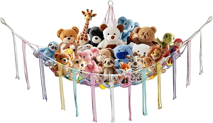 Stuffed Animal Hammock Corner with Hooks Soft Fabric Hanging Bed for Plush Toys, Toy Storage Organizer Playroom Decor (Rainbow)
