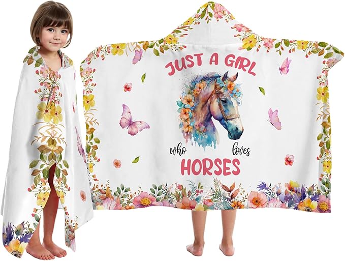 Horse Hooded Bath Towels for Girls,Soft Cotton Swimming Shower Beach Blanket (Horse)