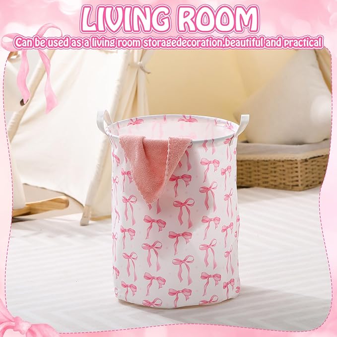 1 Pcs Coquette Pink Bow Laundry Basket Pink Bow Nursery Laundry Basket Hamper Waterproof Collapsible Storage Bin Organizer for Bedroom Bathroom Room Dorm Clothes Toys