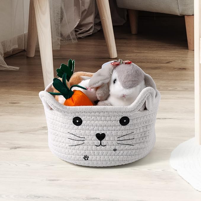 Zopeal Cat Basket Storage Woven Organizer with Ears Christmas Decorative Pet Toy Cute Cotton Rope Basket for Gift Cat Dog Toy Bin Nursery Room(8.3 x 4.7 Inch,White)