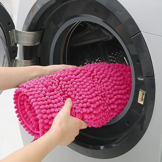 ACCUMTEK Christmas Striped Hot Pink Bathroom Rug Set 3 Pieces Ultra Soft, Non Slip Chenille Toilet Mat, Absorbent Plush Shaggy Bath Mats for Bathroom, Bedroom, Kitchen, Peach