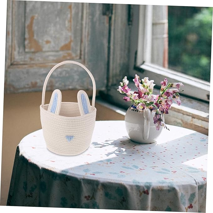 Easter Bunny Basket with Woven Cotton Rope Cute Ear Design for Teen Storage Multi-functional Cotton Toy and Snack Organizer for Home and Nursery
